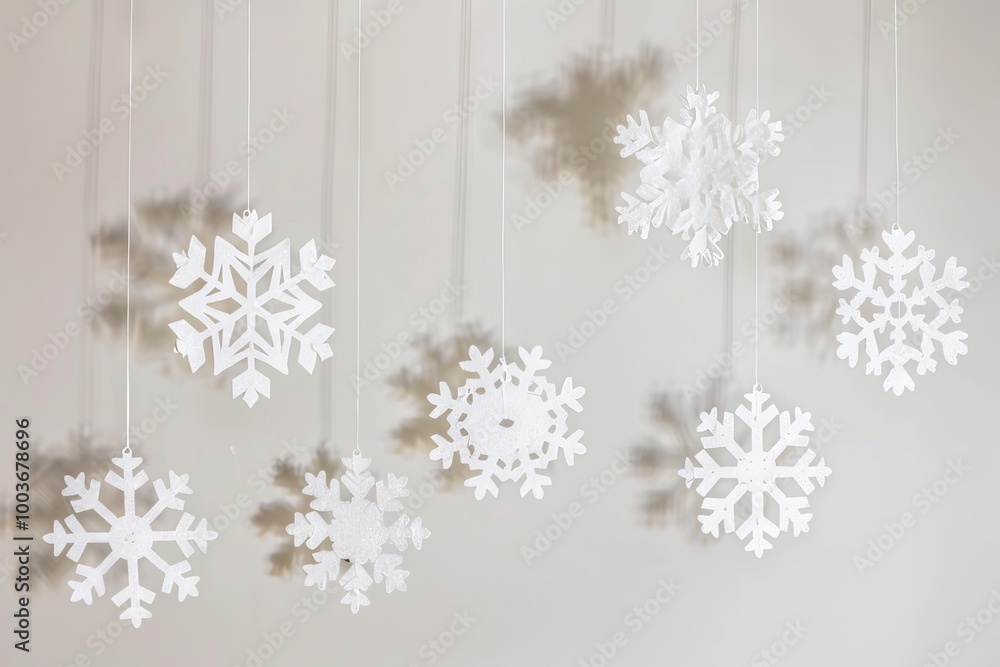 Poster a series of paper snowflakes hanging from the ceiling. the snowflakes are all different sizes and sh