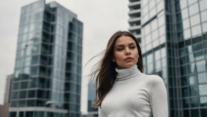 Fototapeta premium Stylish Woman in Urban Setting with White Turtleneck and Modern Buildings