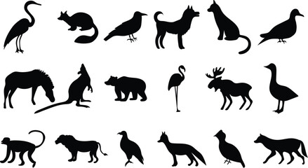 Different Animal Black Silhouettes Vector Art on White Background