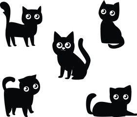 Set of Black Silhouette Vector Cats in Different Poses on White Background