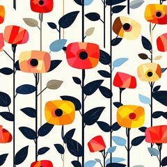 A contemporary seamless pattern of abstract flowers with geometric shapes and bold color blocks