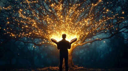Fototapeta premium A mystical scene where a man stands before a lifeless, barren tree, holding open a glowing book with golden light pouring from its pages. The light travels towards the tree