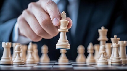 view of a chess board with a hand wearing a suit coming from behind the board, holding a lone chess piece on the board. serious blue background, 