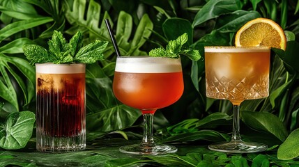 Three cocktails displayed against a lush green backdrop, emphasizing refreshment and relaxation.
