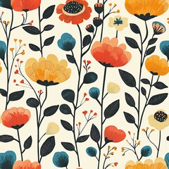A whimsical seamless pattern with playful, oversized flowers in bright, contrasting colors