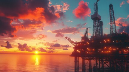 Obraz premium Sunset Oil Rig with Drilling Equipment and Pipeline System