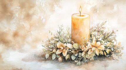 A candle is lit on a wreath of flowers