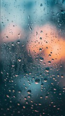 Water droplets on glass during rainfall, with soft pastel evening lights glowing through the window