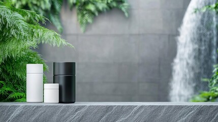 Matte black and white skincare bottles arranged on a smooth gray stone surface, with a serene waterfall in the distance, capturing a feeling of modern elegance and nature