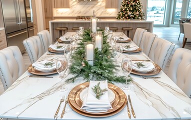 Fototapeta premium A beautifully set dining table adorned with greenery and candles, perfect for a festive gathering.
