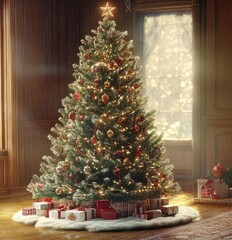 A cozy Christmas scene featuring a beautifully decorated tree, gifts, and a warm fireplace in a festive living room.
