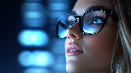 A businesswoman executive in deep thought, surrounded by floating digital interfaces showing real-time analytics and futuristic data projections,