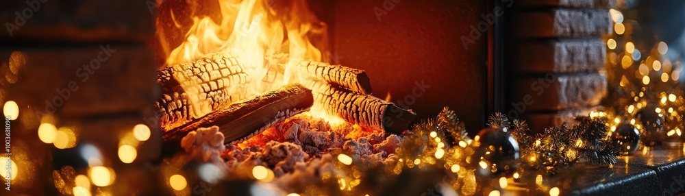 Poster warm and inviting fireplace with glowing embers and festive lights, creating a cozy atmosphere for g