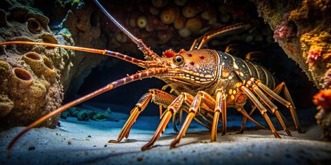 ocean, A spiny lobster with its spiky exoskeleton hiding in a dark cave as it adds an eerie element to a nightdive on the beautiful tropical island of Bonaire in the Caribbean