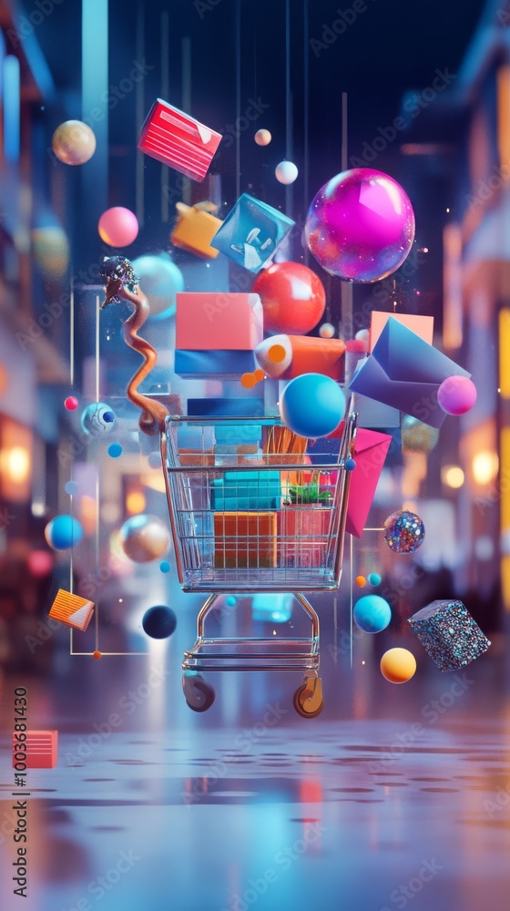 Poster a colorful shopping cart filled with various items, including a large number of balls