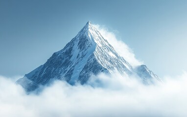 A majestic snow-capped mountain peak rises above a sea of clouds, creating a serene and breathtaking landscape.