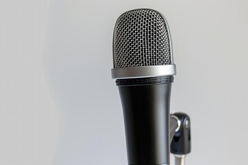 Modern pro microphone on white background. Isolated object with sleek design, metallic finish. Equipment for live music performance, concert, karaoke. Used for public speaking, interviews,
