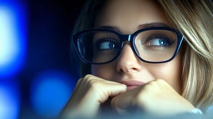 A businesswoman executive in deep thought, surrounded by floating digital interfaces showing real-time analytics and futuristic data projections,