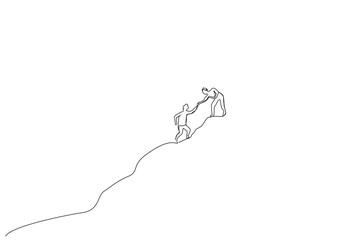 two friends together helping each other up hill and mountain one line art design vector