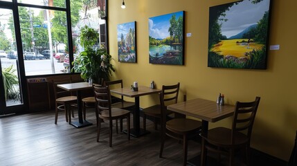 Cozy Cafe Interior with Natural Light and Artwork