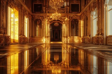 Fototapeta premium A luxurious golden room with reflective walls and ornate detailing