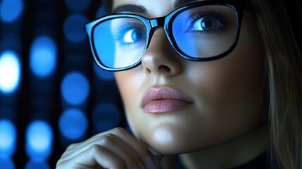 A businesswoman executive in deep thought, surrounded by floating digital interfaces showing real-time analytics and futuristic data projections,