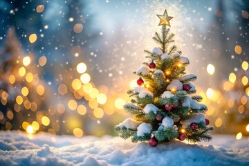 Holiday banner featuring a adorned Christmas tree in gentle evening snow. Sparkling white snow. Bokeh and blur effect.