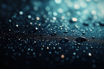 Closeup of glistening water droplets with bokeh effect on a dark background