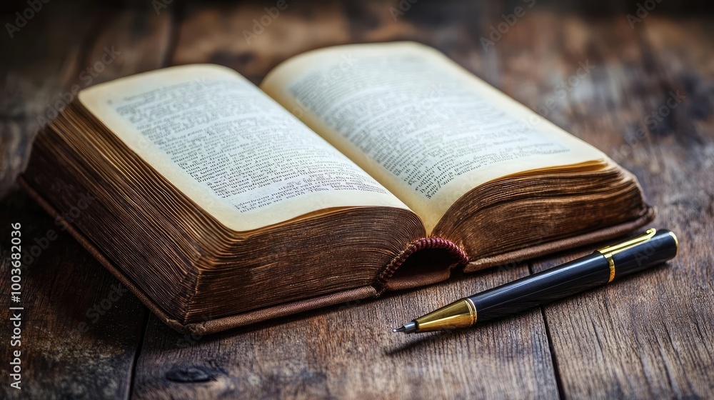 Poster an open vintage book on a wooden surface with a pen placed beside it, symbolizing knowledge and lite