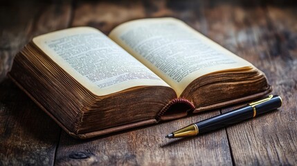 Fototapeta premium An open vintage book on a wooden surface with a pen placed beside it, symbolizing knowledge and literature.
