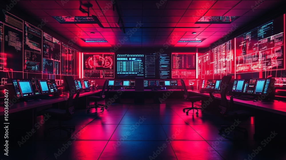 Poster a high-tech control room illuminated with neon lights, featuring multiple screens displaying data an