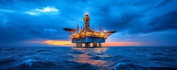 Oil platform surrounded by choppy waters, stormy sky above, powerful industrial equipment standing firm, dramatic lighting highlighting the resilience of the structure