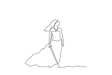 woman queen old times ancient sword wavy dress one line art design vector