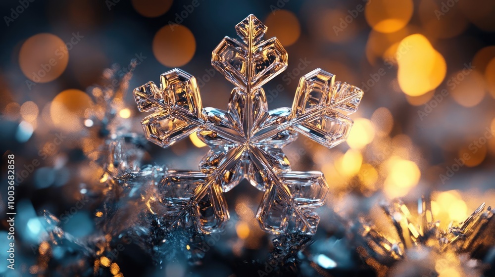 Poster a close-up of a beautiful crystal snowflake surrounded by shimmering lights, capturing winter's ench