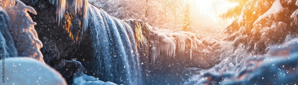 Poster a serene winter scene featuring a majestic waterfall surrounded by snow-covered trees and soft sunli