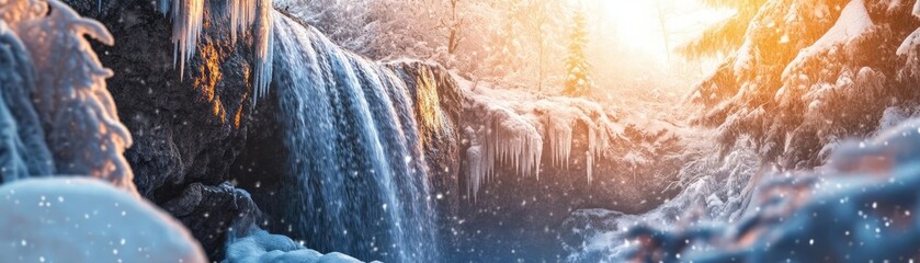 Fototapeta premium A serene winter scene featuring a majestic waterfall surrounded by snow-covered trees and soft sunlight glimmering through the ice.