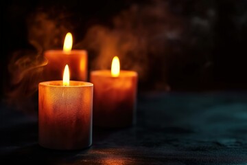 Multiple candles burning on dark background, creating warm glow. Calm and peaceful atmosphere, intimate moment of romance. Soft focus, close-up shot of flame, highlighting warmth and light.