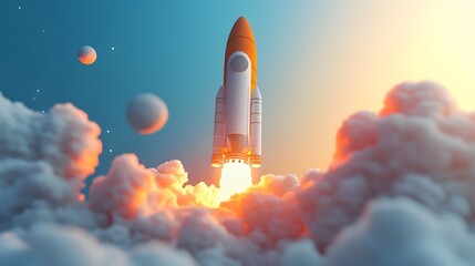 Launching new product or service. Technology development process. Space rocket launch. 3d render.