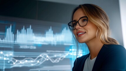 A businesswoman executive in deep thought, surrounded by floating digital interfaces showing real-time analytics and futuristic data projections,