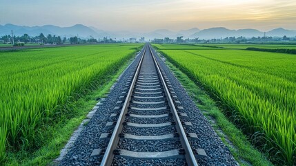 Obraz premium Railway tracks stretching through lush green fields under a clear blue sky.