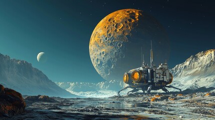Futuristic lunar base with spacecraft under a massive planet in an alien landscape