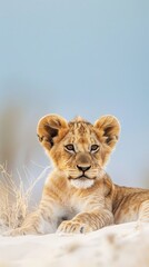 A baby lion is laying on the snow. Concept of innocence and vulnerability