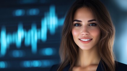 A businesswoman executive in deep thought, surrounded by floating digital interfaces showing real-time analytics and futuristic data projections,
