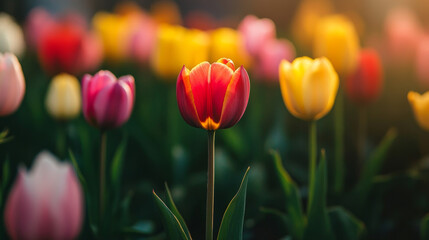 "Close-Up of a Vibrant Symphony of Colorful Tulips in Full Bloom"

