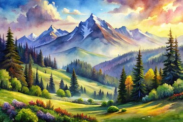 serene, surreal, ethereal, outdoor, majestic, beauty, peaceful, fantasy, A highly detailed extreme close up of a fantastic mountain landscape made with vibrant watercolor filters