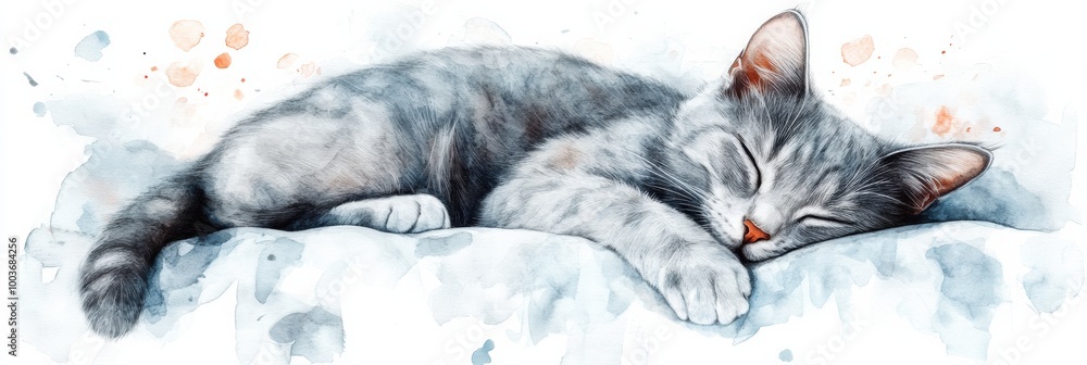 Poster a cozy sleeping cat resting on a fluffy bedspread with a serene white backdrop, capturing a tranquil
