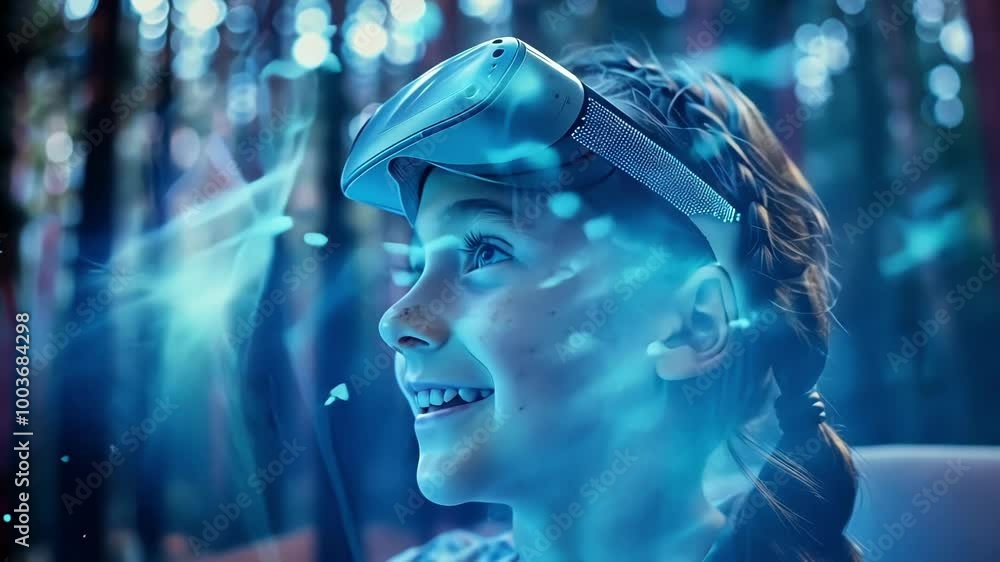 Poster young girl is smiling while interacting with a virtual world through a brain computer interface head