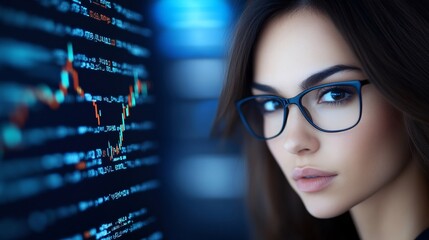 A businesswoman executive in deep thought, surrounded by floating digital interfaces showing real-time analytics and futuristic data projections,