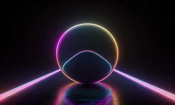 Abstract metal ball rolling along a multi color neon lit path with the black void of space as the background 