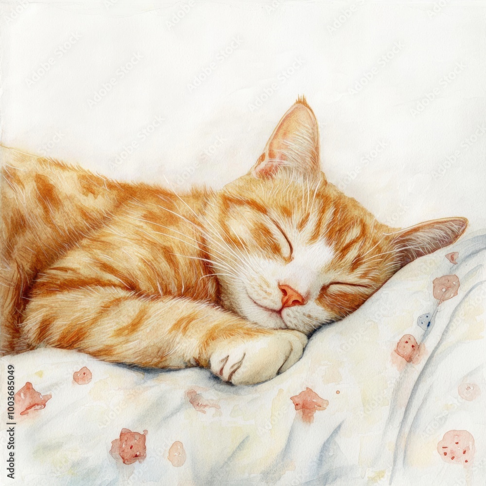 Poster a peaceful sleeping cat nestled comfortably on a cozy bedspread with a white background during a ser